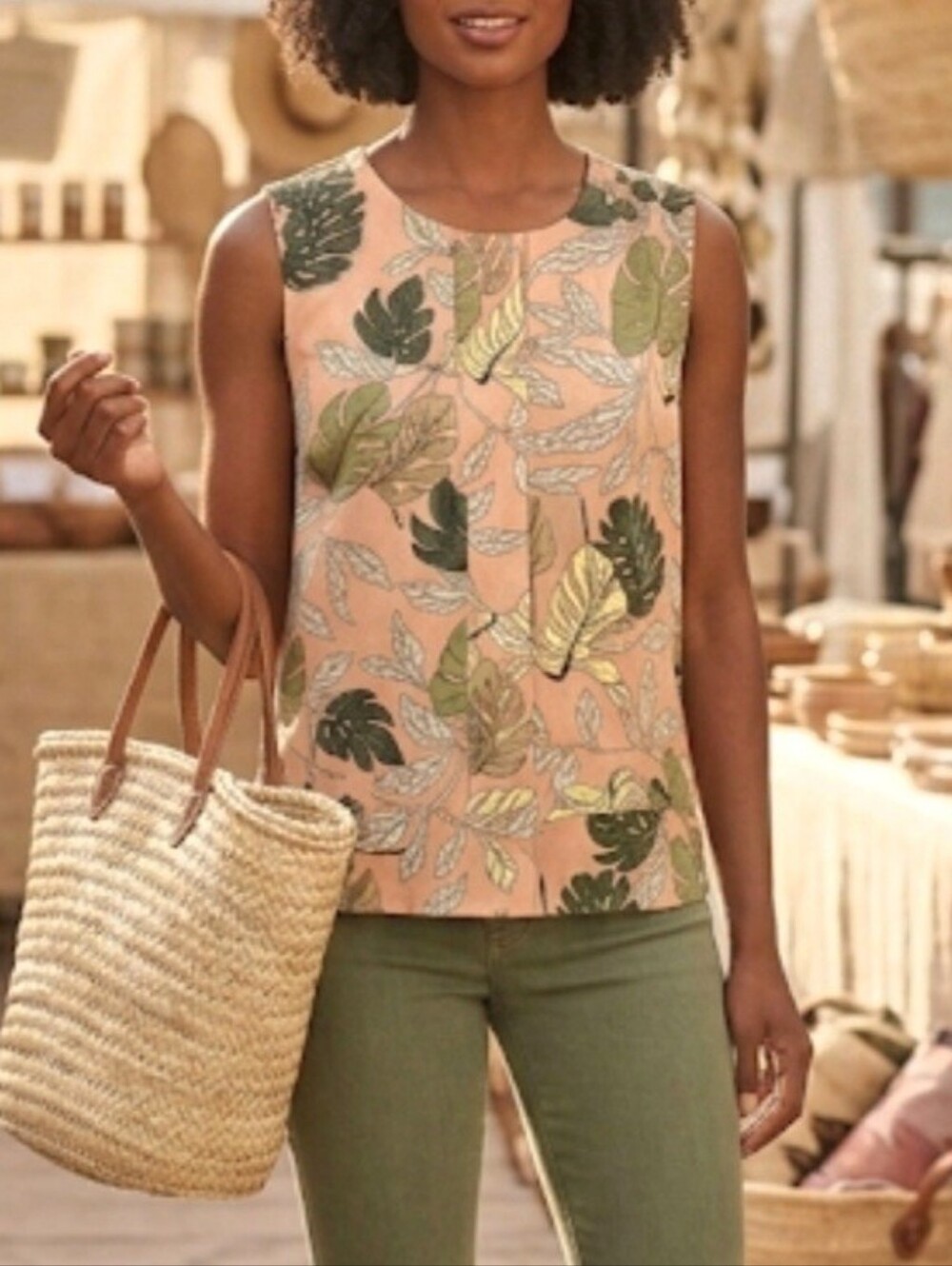 Cabi Top tropical print peach With Green Leaves Sleeveless 5351